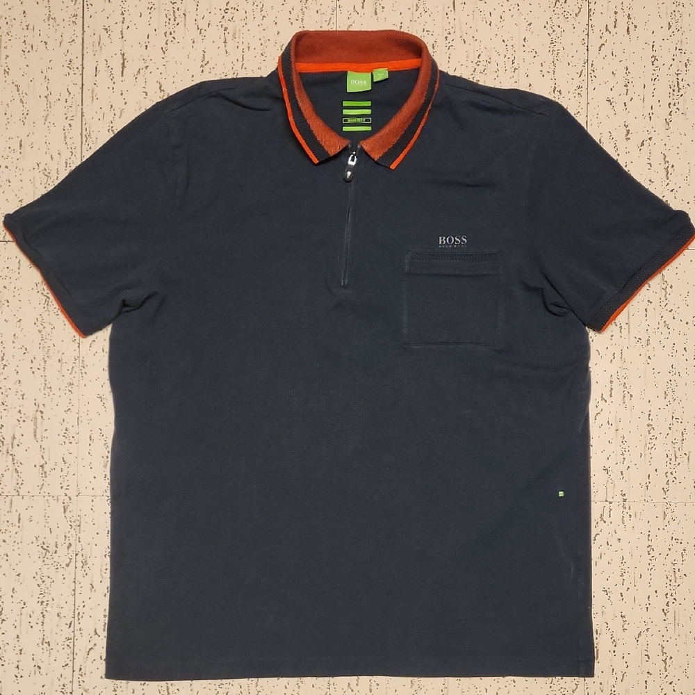 Hugo Boss Navy Blue & Orange Spellout Logo 1/4 Zip Casual Dress Polo Shirt